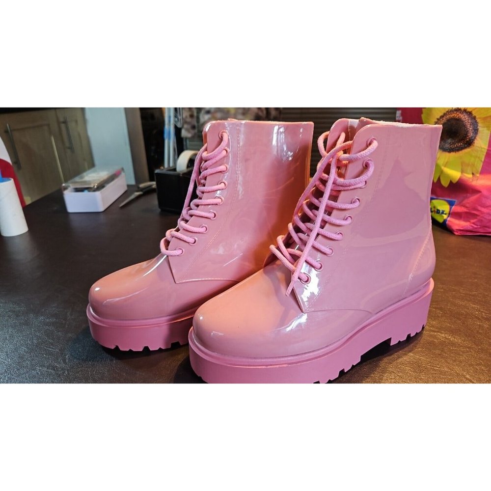 BNWoT NEVER WORN Chunky Pink platform LaceUp Boots Wellies Rubber Platform Shoes - Picture 4 of 14